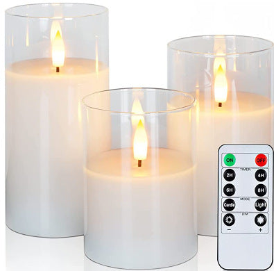 Decorative Flameless Candle, Battery Operated Candle with Remote Control and Timer, Flickering LED Pillar Candle, Smokeless Holiday Confessions Restaurant Decor ins Plexiglas, Grey, White, Teal D3 xH 4” 5” 6”
