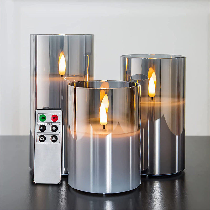 Decorative Flameless Candle, Battery Operated Candle with Remote Control and Timer, Flickering LED Pillar Candle, Smokeless Holiday Confessions Restaurant Decor ins Plexiglas, Grey, White, Teal D3 xH 4” 5” 6”