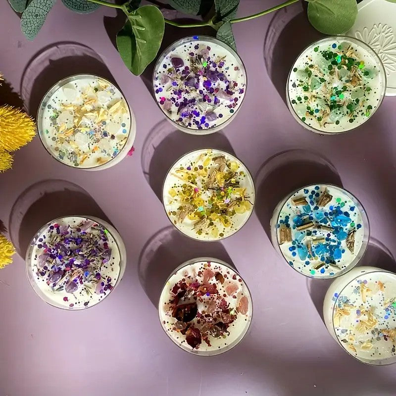 6 Piece Scented Candle Gift Set with Crystals and Dried Flowers - Colourful Sequin Embellishments, 6 Unique Fragrances to Create a Romantic Ambience - Perfect for Valentine's Day and Home Decoration, Valentine's Day Home Decorations