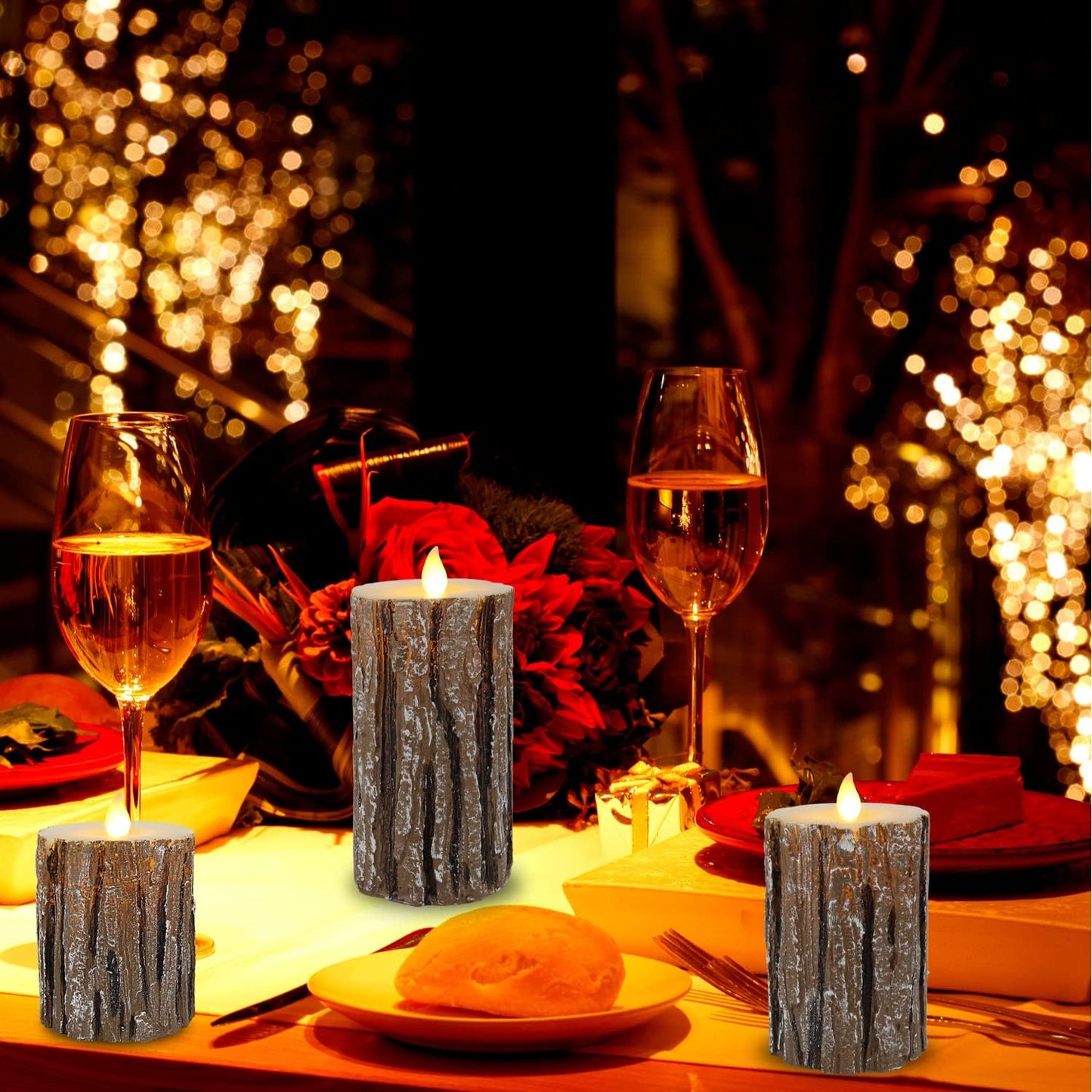 3pcs/set Pine Tree LED Electronic Candle Light Swing Flame Flameless Candle Battery Operated Candle Real Wax Pillar LED Candle with 10-Key Remote and Cycling 24-Hour Timer