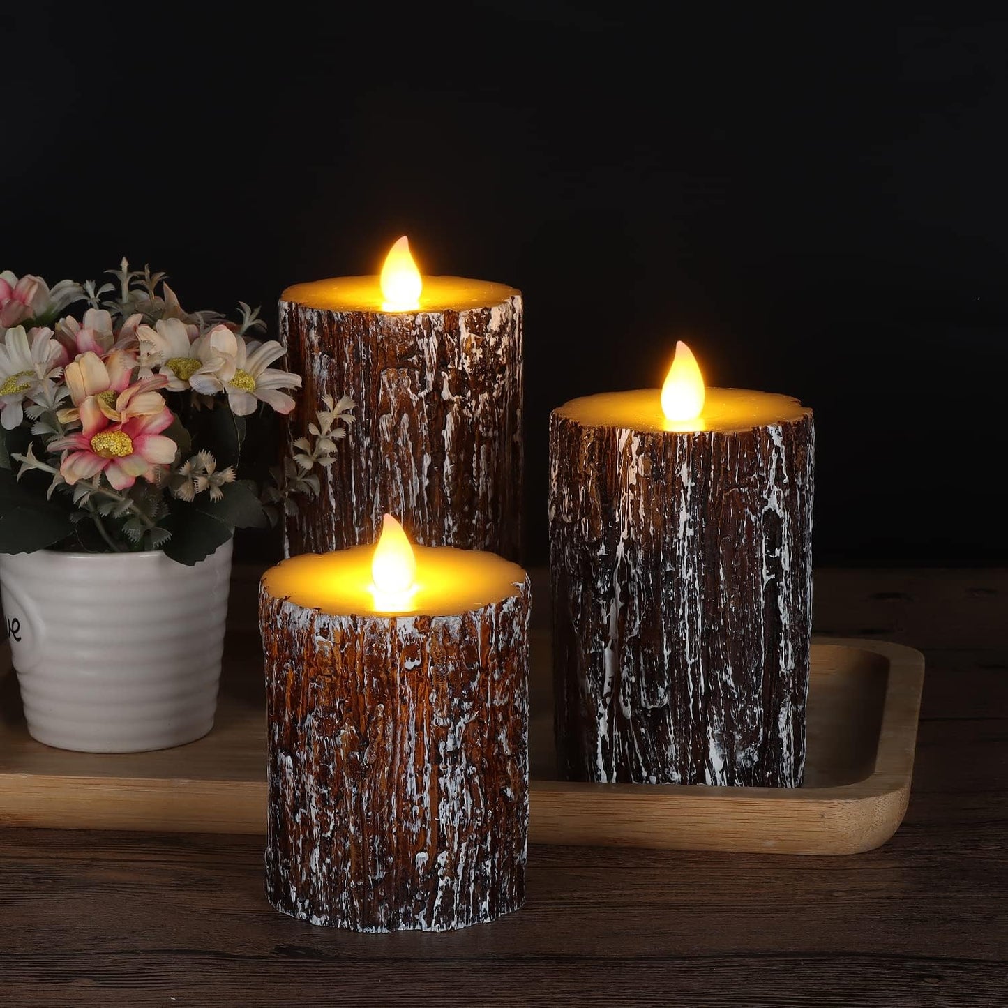 3pcs/set Pine Tree LED Electronic Candle Light Swing Flame Flameless Candle Battery Operated Candle Real Wax Pillar LED Candle with 10-Key Remote and Cycling 24-Hour Timer