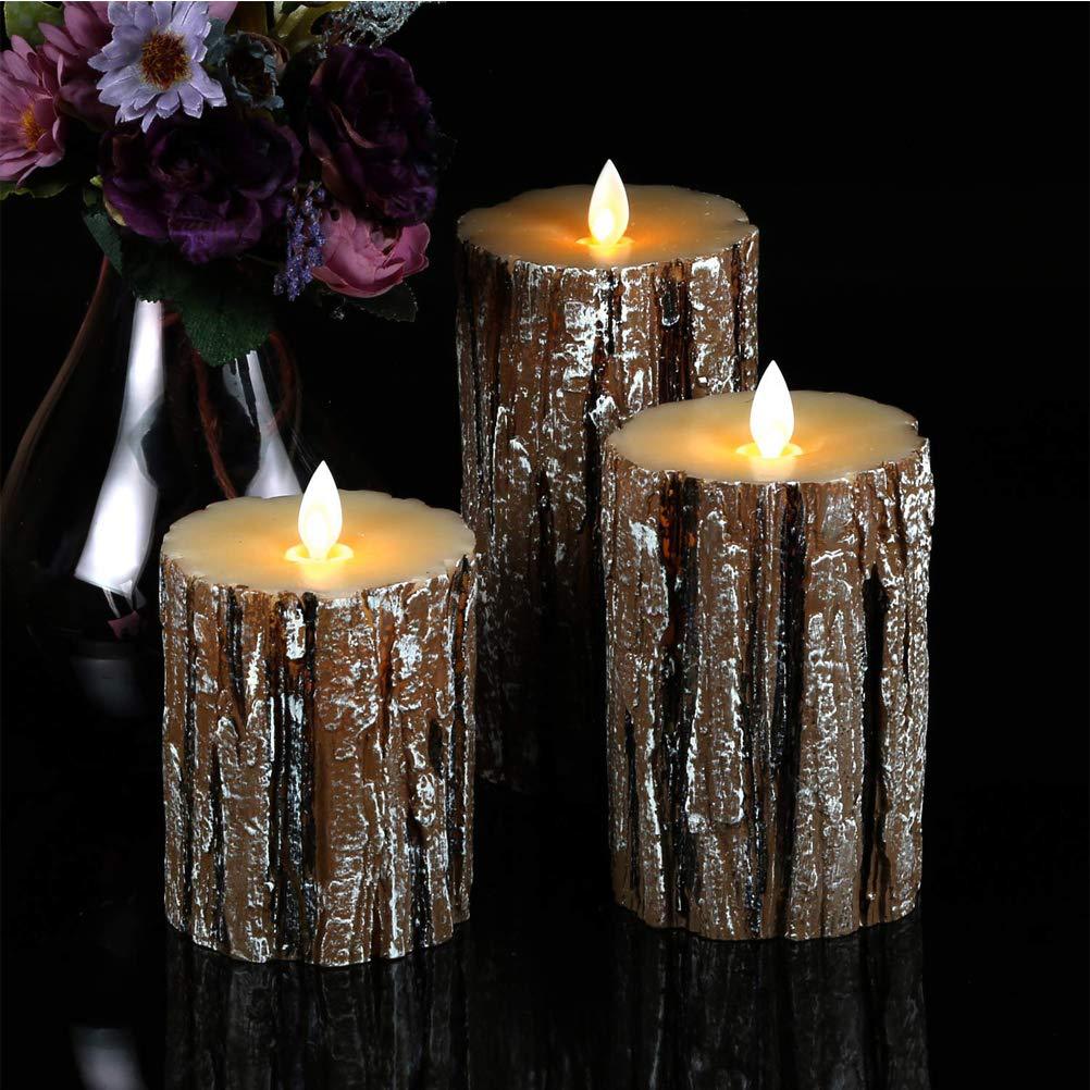 3pcs/set Pine Tree LED Electronic Candle Light Swing Flame Flameless Candle Battery Operated Candle Real Wax Pillar LED Candle with 10-Key Remote and Cycling 24-Hour Timer