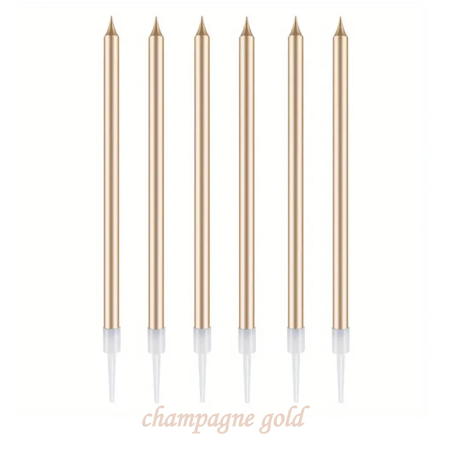Long Metal Birthday Candles, Gold, Silver, Champagne Gold, Pink, Colourful, Birthday Cake Candles With Holder For Birthday, Wedding, Party Decoration (Pack of 6)