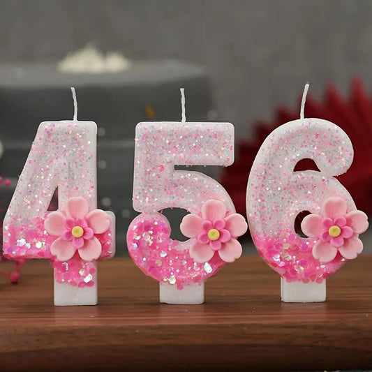 1 Piece Pink Floral Number Candles 0-9 - Perfect for birthday cakes and party decorations, no electricity required!