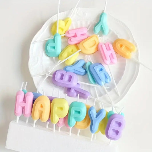 Multi-coloured monogram ‘HAPPY BIRTHDAY’ birthday candles, single wick paraffin wax, Valentine's Day, Christmas, Halloween, Easter and other celebrations, cute cartoon style cake decorations - 1 piece