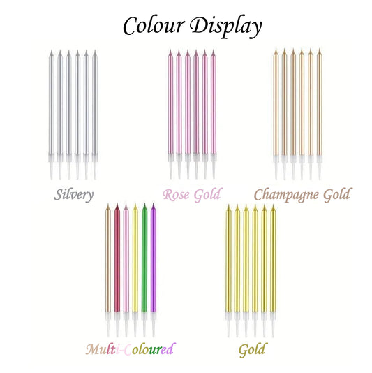 Long Metal Birthday Candles, Gold, Silver, Champagne Gold, Pink, Colourful, Birthday Cake Candles With Holder For Birthday, Wedding, Party Decoration (Pack of 6)